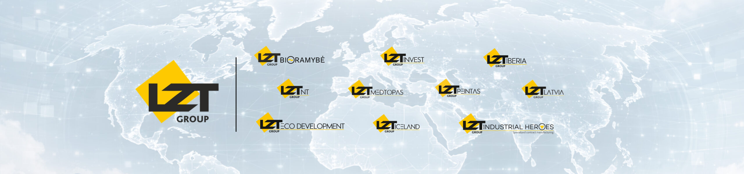 LZT Group ir jos įmonių logotipai pasaulio žemėlapio fone